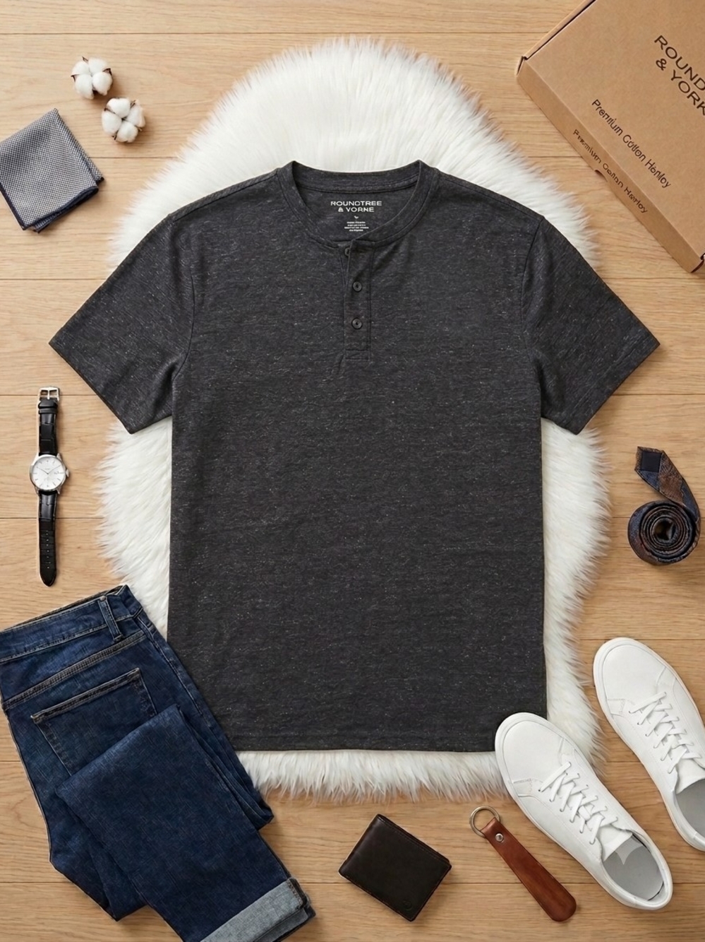 Roundtree & Yorke Men's Dark Charcoal Henley Short Sleeve Shirt